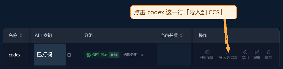 API Key 列表中 codex 密钥行的导入到 CCS 按钮，密钥内容已裁切或打码